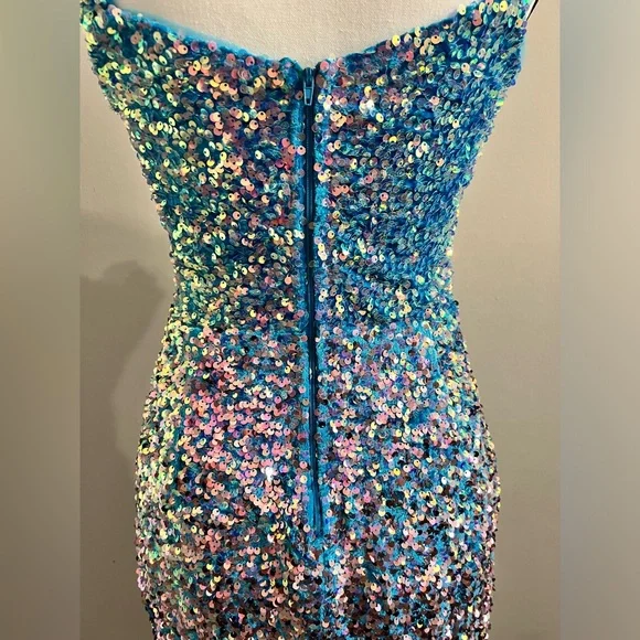 Blue V Neck Side Slit Sequin Bodycon Mini Dress - Picture 6 of 10